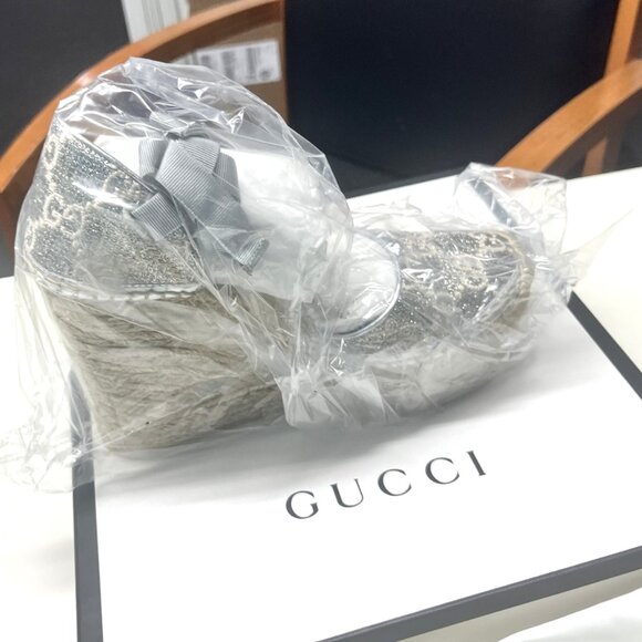 GUCCI SHOES HERITAGE PILAR LAME SILVER GG PLATFORM ESPADRILLE WEDGES 38.5 US 8 - Picture 12 of 16